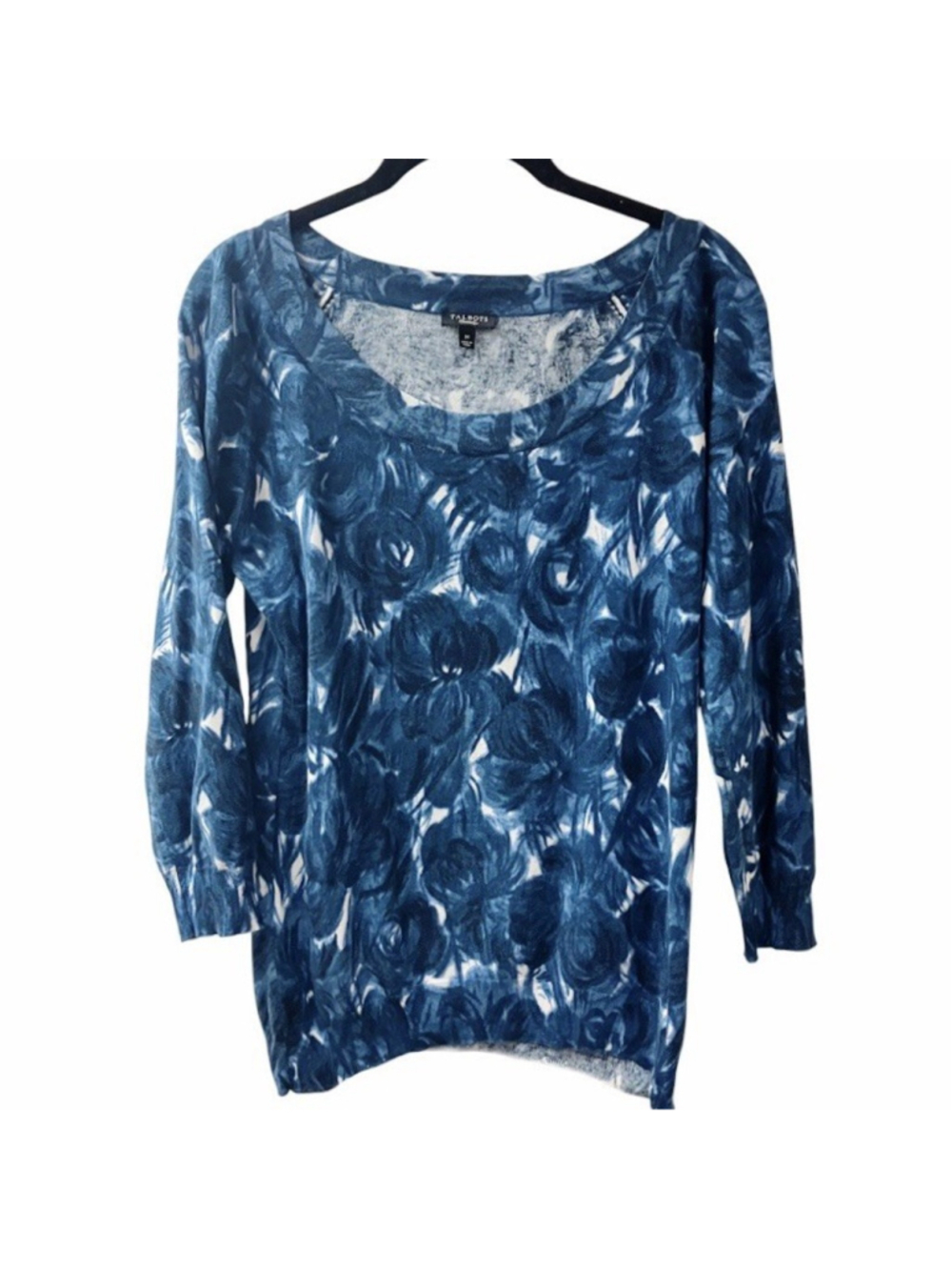 Talbots Blue Rose Floral Pure Merino Wool Pullover Sweater Womens MEDIUM Coastal